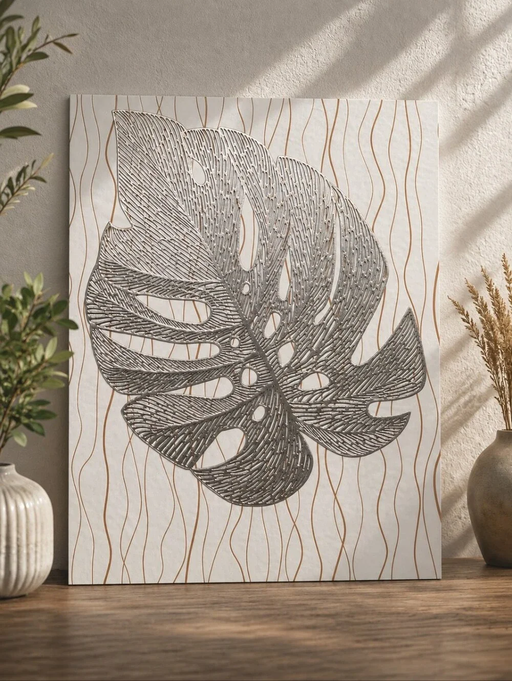 Handmade Textured Wall Art 16x20 – Rhinestone Edge Decor, Botanical Wall Art